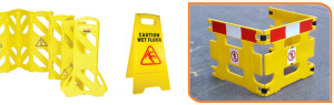 A selection of Spillage and Maintenance Safety Barriers. form left to right: Indoor Portable Barrier, A-Frame floor sign and Handi-Guard (For general maintenance).