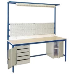 AB2075L (2000 x 750) Laminate top assembly bench with:  5 Drawer Unit, Cupboard, Bars for louvre panels, 4 Louvre panels, Light Rail, Flourescent Light, and Bench Top Trunking with two Twin Sockets