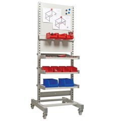Shelf and Panel Trolley showing optional small parts storage bins and pin board