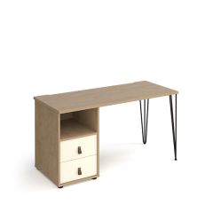 Tikal Hairpin Desk with Support pedestal & drawers Oak Body White Drawer