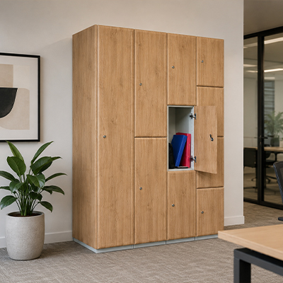Timber Effect Laminate Locker in an office environment