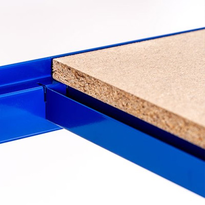 Close-up of chipboard shelves